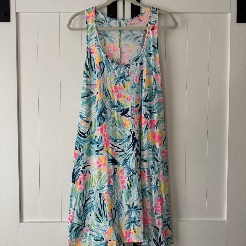 This is a Lilly Pulitzer tank top with a vibrant, tropical-inspired floral print